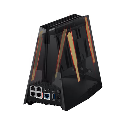 Rear view of the TP-Link Archer GE550 router showing dual 5 Gbps ports, three 2.5 Gbps LAN ports, and specialized cooling vents.