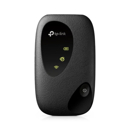A close-up studio shot of the compact black TP-Link M7000 mobile hotspot, focusing on its minimalist design, curved edges, and small footprint, emphasizing its pocket-sized portability.