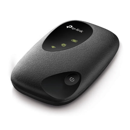 Front view of the M7000 device with the center power button and distinct green LED indicators for signal strength, Wi-Fi status, and battery life clearly visible against a soft, diffused background.