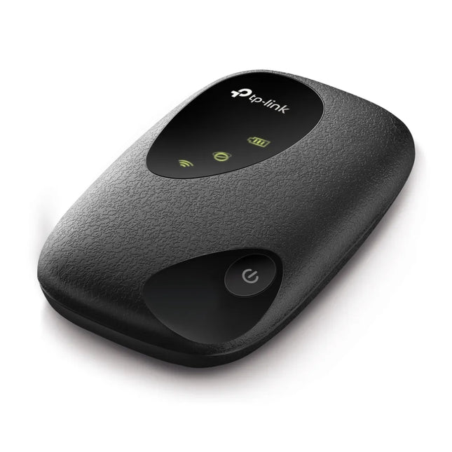Front view of the M7000 device with the center power button and distinct green LED indicators for signal strength, Wi-Fi status, and battery life clearly visible against a soft, diffused background.