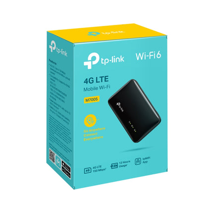 Front view of the official retail packaging for the TP-Link M7005 4G LTE Mobile Wi-Fi, Australian stock.
