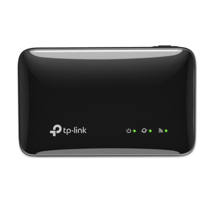 Unboxed components of the TP-Link M7005 kit including the 4G LTE MiFi router, removable 2000mAh battery, and Micro USB charging cable.