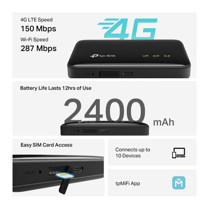 Open back view of the TP-Link M7005 mobile router showing the SIM card slot and internal rechargeable battery compartment.