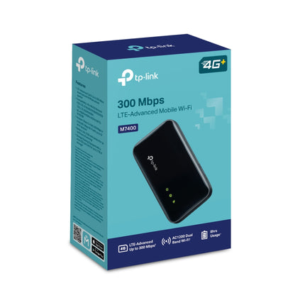 Front view of the official retail packaging for the TP-Link M7400 LTE-Advanced Mobile Wi-Fi, Australian stock.