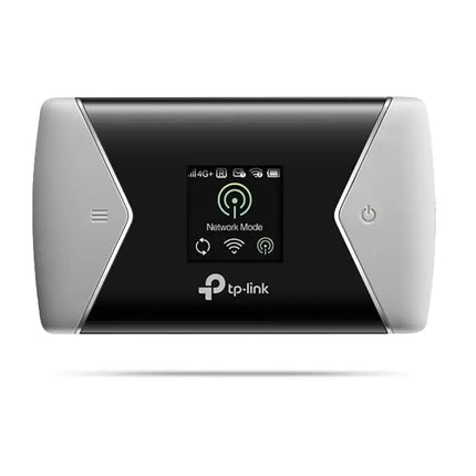 TP-Link M7450 AC1200 wireless LTE-Advanced 4G mobile Wi-Fi hotspot device with a bright color screen display.