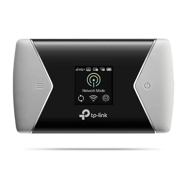 TP-Link M7450 AC1200 wireless LTE-Advanced 4G mobile Wi-Fi hotspot device with a bright color screen display.