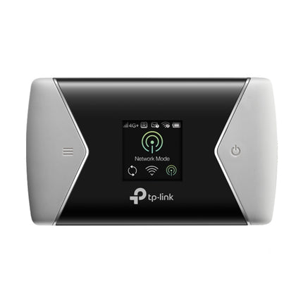 Front flat view of the compact black and grey TP-Link M7450 portable 4G LTE-Advanced mobile Wi-Fi hotspot displaying its central color screen menu layout.