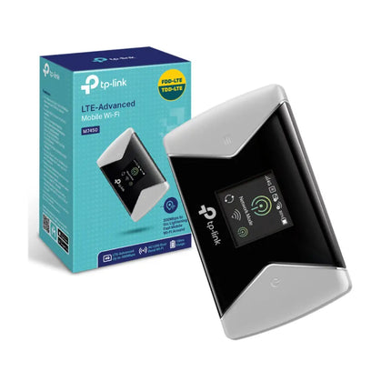 Close-up view of the TP-Link M7450 portable pocket router color display showing data usage, battery status, and Wi-Fi connection info.