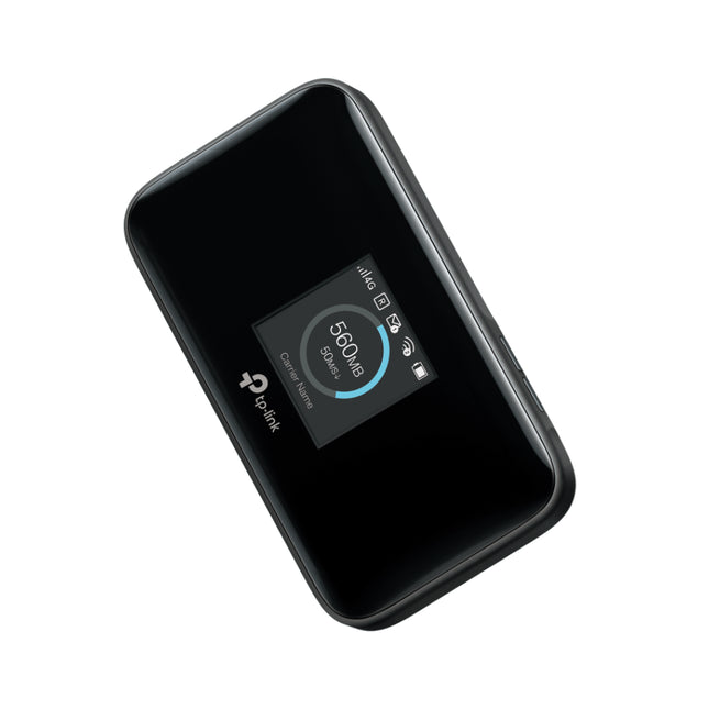 TP-Link M7750 600 Mbps LTE-Advanced Mobile Wi-Fi portable hotspot pocket router in black.