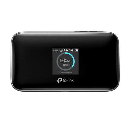 Front view of the TP-Link M7750 portable Wi-Fi unit highlighting the vivid color screen display showing data usage and signal status.