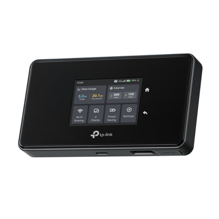 Front view of the black TP-Link M8550 5G mobile Wi-Fi router, displaying its vibrant color screen interface with network status.