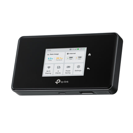 Handheld view of the sleek and compact M8550 5G portable travel router, highlighting its pocket-sized mobility.