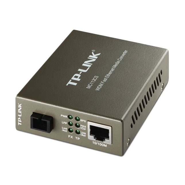 A TP-Link MC112CS V1 WDM Media Converter in a black metal housing, designed to convert 100BASE-FX fiber to 100Base-TX copper media over single-mode fiber up to 20km.
