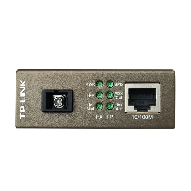 Front view of the TP-Link MC112CS V1 media converter featuring a single SC fiber optic port and one 10/100Mbps RJ45 port with status LED indicators for PWR, Link/Act, and FDX.