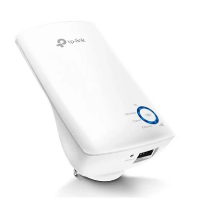 A compact TP-Link N300 Wi-Fi wall plug extender boosting wireless internet coverage in a modern home hallway or office space.
