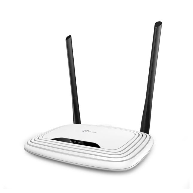 TP-Link TL-WR841N N300 wireless router set up on a modern wooden desk environment providing home office internet connectivity.