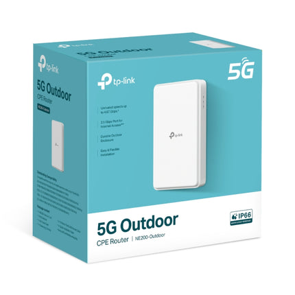 The TP-Link NE200-Outdoor 5G router mounted to an exterior pole, providing long-range, high-speed cellular internet coverage.
