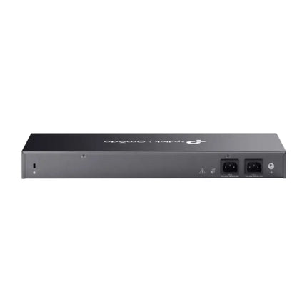 Rear panel view of the Omada OC400 hardware controller highlighting the dual-fixed redundant power supplies for enterprise network uptime.