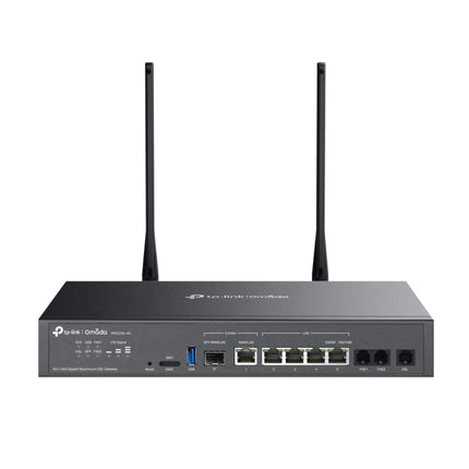 Front view of the 1U rackmount TP-Link Omada DR3220v-4G Cat6 Gigabit DSL gateway with external LTE antennas.
