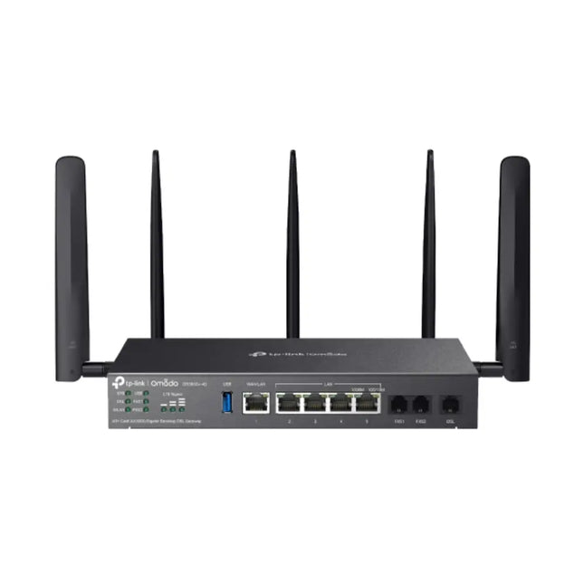 TP-Link Omada DR3650v-4G AX3000 Wi-Fi 6 Gigabit desktop DSL gateway with external detachable antennas.