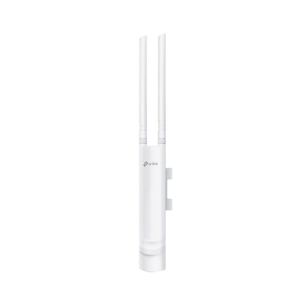 Front view of the narrow white IP65 weatherproof TP-Link Omada EAP110-Outdoor 300Mbps access point with two detachable omnidirectional antennas attached.