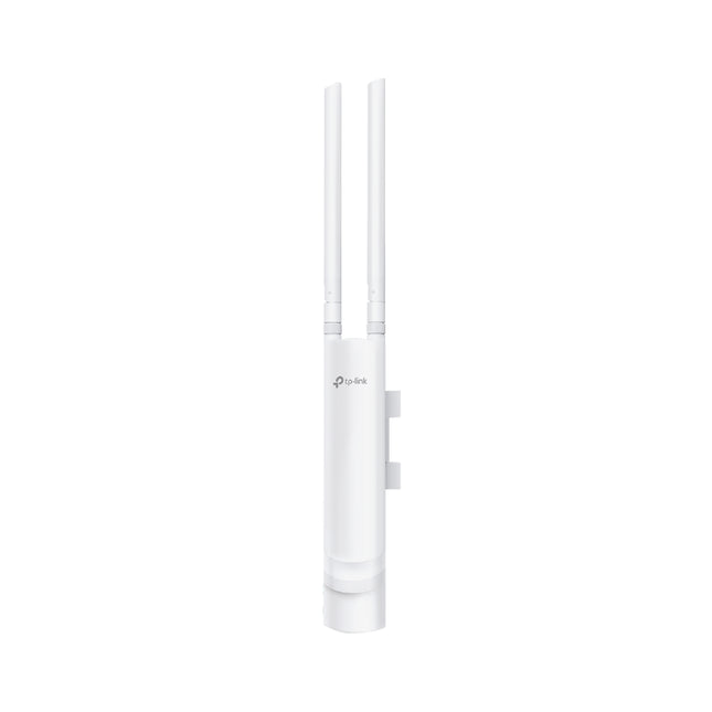 Front view of the narrow white IP65 weatherproof TP-Link Omada EAP110-Outdoor 300Mbps access point with two detachable omnidirectional antennas attached.