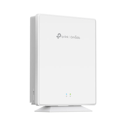 The compact TP-Link Omada EAP610GP-Desktop access point sitting on a desk, providing multi-service fiber internet to a business office.