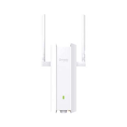 TP-Link Omada EAP625-Outdoor HD AX1800 indoor and outdoor Wi-Fi 6 access point in a sleek white weatherproof casing with mounting brackets.