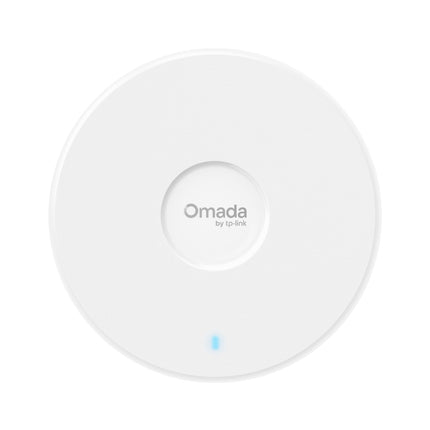 Front view of the ultra-slim, round white TP-Link Omada EAP723 BE3600 ceiling mount Wi-Fi 7 access point.