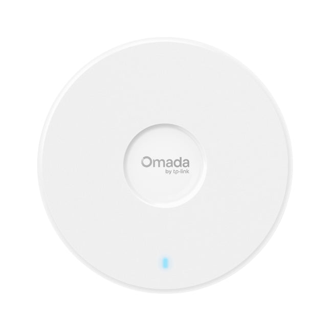 Front view of the ultra-slim, round white TP-Link Omada EAP723 BE3600 ceiling mount Wi-Fi 7 access point.