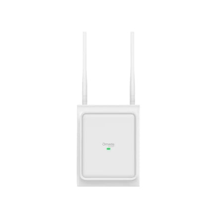 Front view of the TP-Link Omada EAP725-Outdoor BE3600 Wi-Fi 7 access point showing its sleek white weatherproof chassis and detachable omnidirectional antennas.