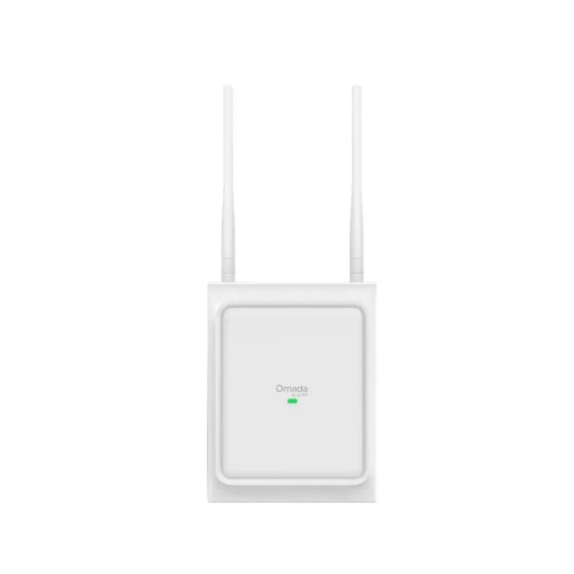 Front view of the TP-Link Omada EAP725-Outdoor BE3600 Wi-Fi 7 access point showing its sleek white weatherproof chassis and detachable omnidirectional antennas.