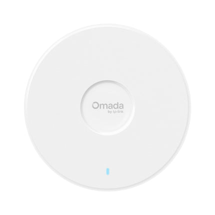 Front view of the premium, round white TP-Link Omada EAP770 BE9300 ceiling mount tri-band Wi-Fi 7 access point.