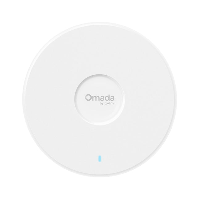 Front view of the premium, round white TP-Link Omada EAP770 BE9300 ceiling mount tri-band Wi-Fi 7 access point.