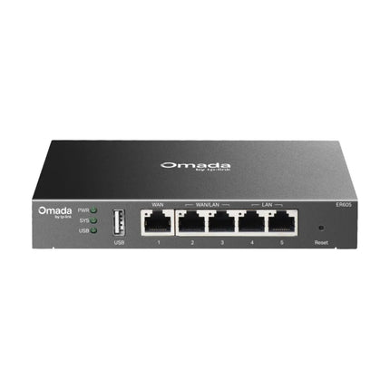 Front view of the TP-Link Omada ER605 wired gigabit VPN router showing five RJ45 ports, including 1 WAN port, 2 LAN ports, and 2 WAN/LAN interchangeable ports.
