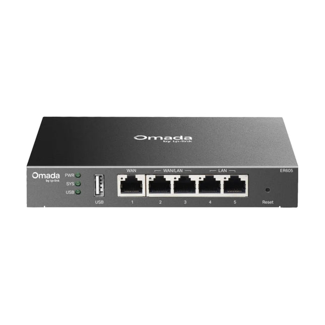 Front view of the TP-Link Omada ER605 wired gigabit VPN router showing five RJ45 ports, including 1 WAN port, 2 LAN ports, and 2 WAN/LAN interchangeable ports.
