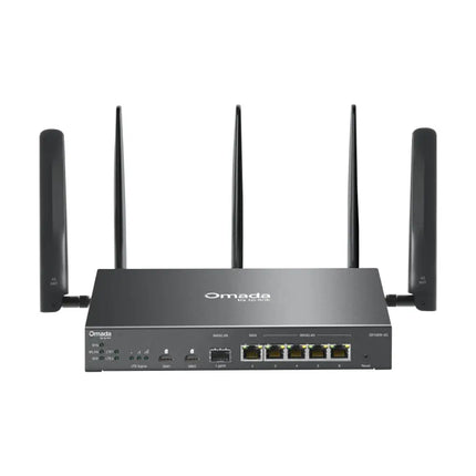 TP-Link Omada ER706W-4G AX3000 Wi-Fi 6 Gigabit VPN gateway with five high-gain detachable antennas on a white background.