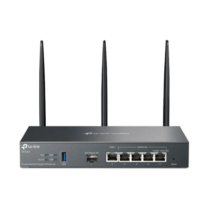 TP-Link Omada ER706W Gigabit AX3000 Wi-Fi 6 VPN Gateway with external antennas, showcasing its sleek black desktop casing.