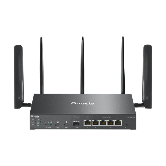 TP-Link Omada ER706WP-4G Cat6 AX3000 Wi-Fi 6 Gigabit VPN Gateway with professional high-gain external antennas.