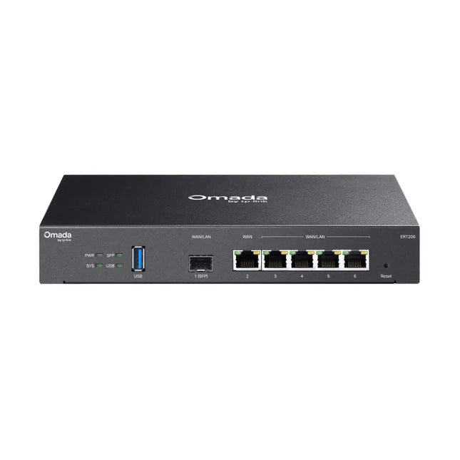 TP-Link Omada ER7206 Gigabit VPN Gateway front view showing Ethernet ports and LED indicators.