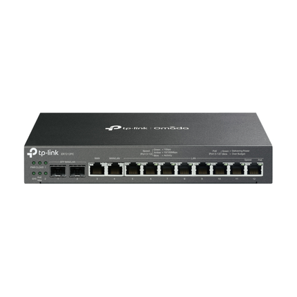 TP-Link Omada ER7212PC 3-in-1 Gigabit VPN Gateway front view, showcasing the compact black hardware design.