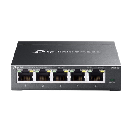 TP-Link Omada ES205G 5-port Gigabit easy managed desktop network switch featuring a durable dark grey metal casing.