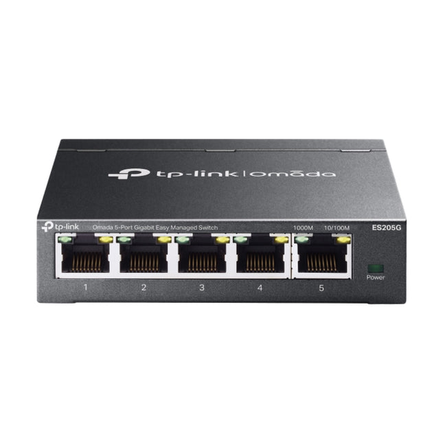 TP-Link Omada ES205G 5-port Gigabit easy managed desktop network switch featuring a durable dark grey metal casing.