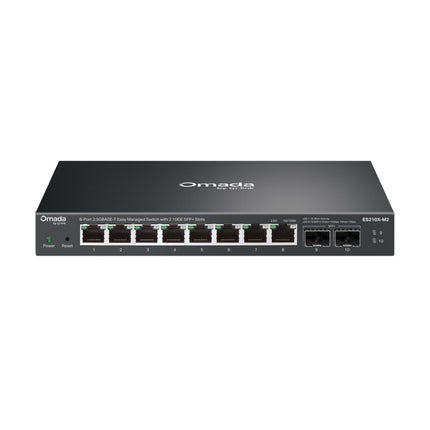 TP-Link Omada ES210X-M2 8-port 2.5G easy managed desktop switch featuring a durable metal casing and front-facing network ports.