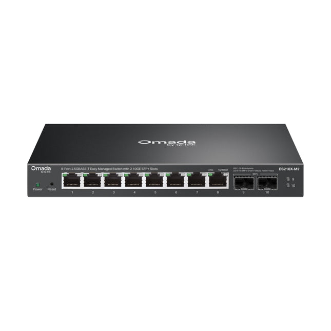TP-Link Omada ES210X-M2 8-port 2.5G easy managed desktop switch featuring a durable metal casing and front-facing network ports.