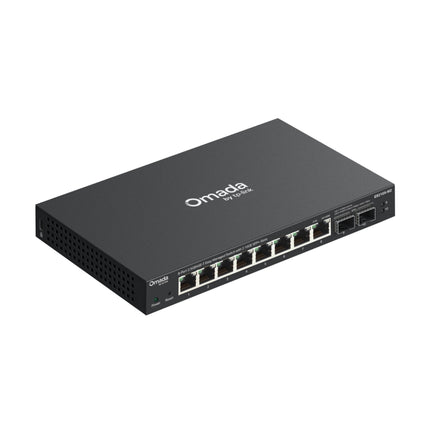 TP-Link Omada ES210X-M2 network switch displaying the LED status indicators for link activity, speed, and system power.