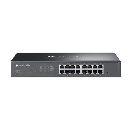 Front view of the TP-Link Omada ES216G 16-port Gigabit easy managed desktop and rackmount switch in a durable grey metal casing.
