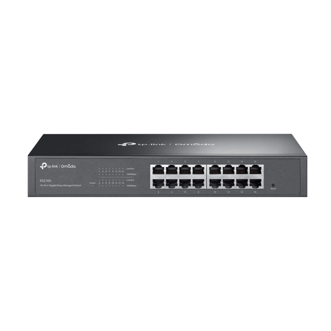 Front view of the TP-Link Omada ES216G 16-port Gigabit easy managed desktop and rackmount switch in a durable grey metal casing.