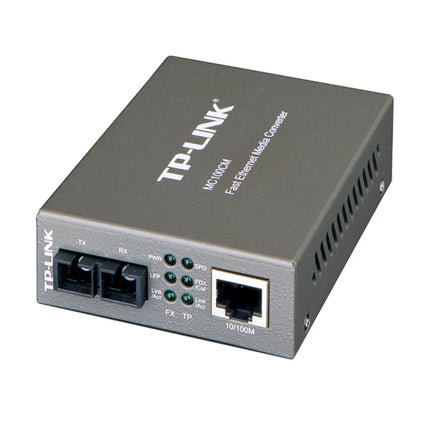 Front view of the Omada MC100CM media converter showing the 100M SC fiber port and the 10/100M RJ45 Ethernet port with status LED indicators for Power, Link/Act, and FDX.