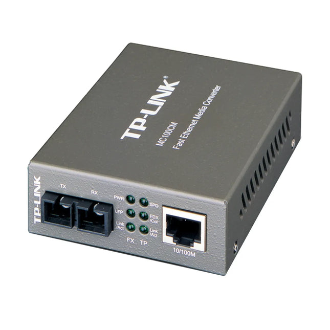 Front view of the Omada MC100CM media converter showing the 100M SC fiber port and the 10/100M RJ45 Ethernet port with status LED indicators for Power, Link/Act, and FDX.